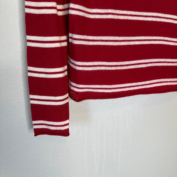 Lacoste Women's Long Sleeve V-neck Striped Sweater Merino Wool Red Cream Size M - Picture 6 of 12